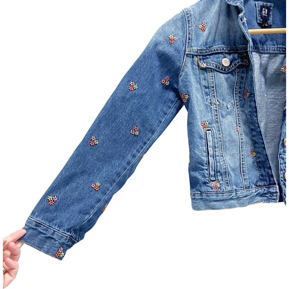 Gap Girls Floral Flowers Embroidered Denim Blue Jean Jacket Pocket XL - Picture 5 of 12